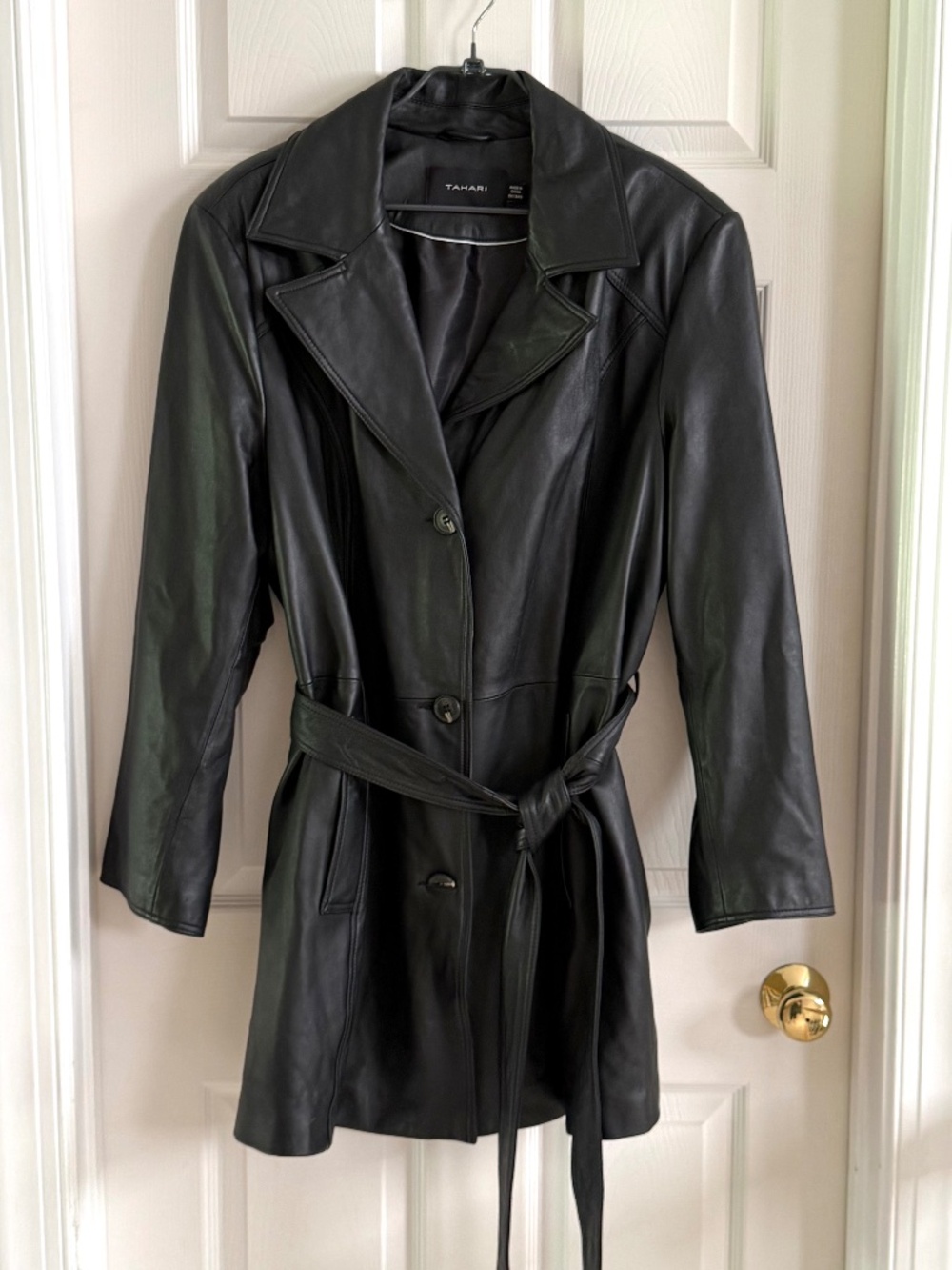 Tahari Womens Black Genuine Leather Belted Trench Coat Jacket Plus Size 3X